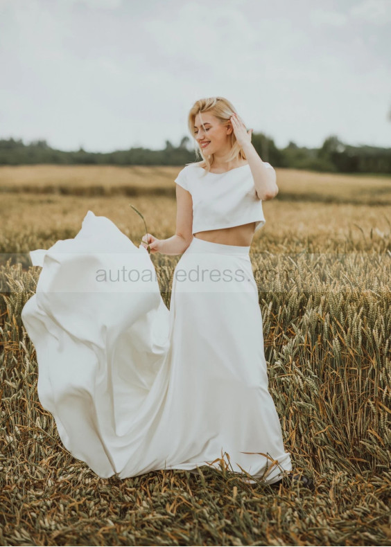 Two Piece Ivory Satin Minimalist Wedding Dress